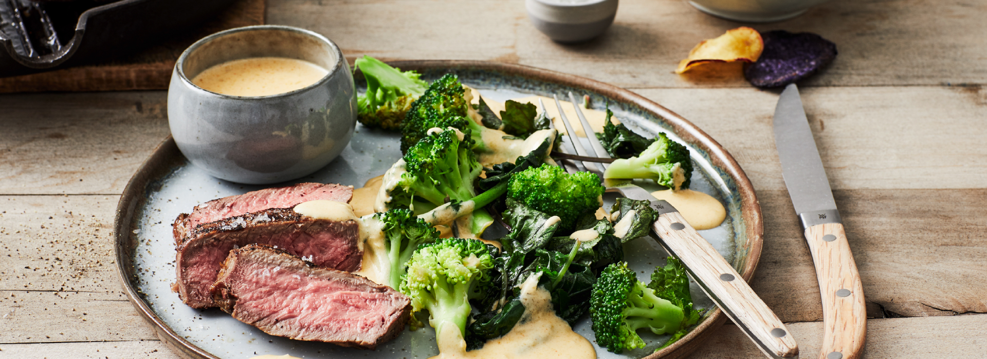 Steak with Broccoli, Kale & Cheddar Sauce