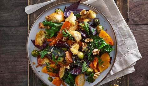 Classic Italian panzanella is actually made with stale bread, so this is a fantastic way of using up your stale bread. We're using roasted root vegetables for this winter salad, with the added crunch of walnuts. 