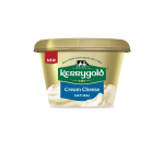 Pack shot of a Kerrygold Cream Cheese Natural tub on a plain background, featuring a gold container with green Kerrygold logo, new label, and text highlighting natural cream cheese made with milk from Irish grass-fed cows.
