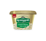 Pack shot of a Kerrygold Cream Cheese Garlic & Herb tub on a plain background, featuring a gold container with green Kerrygold logo, new label, and text highlighting natural cream cheese made with milk from Irish grass-fed cows.