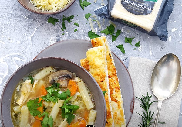Chicken Pasta Soup and Cheesy Breadsticks